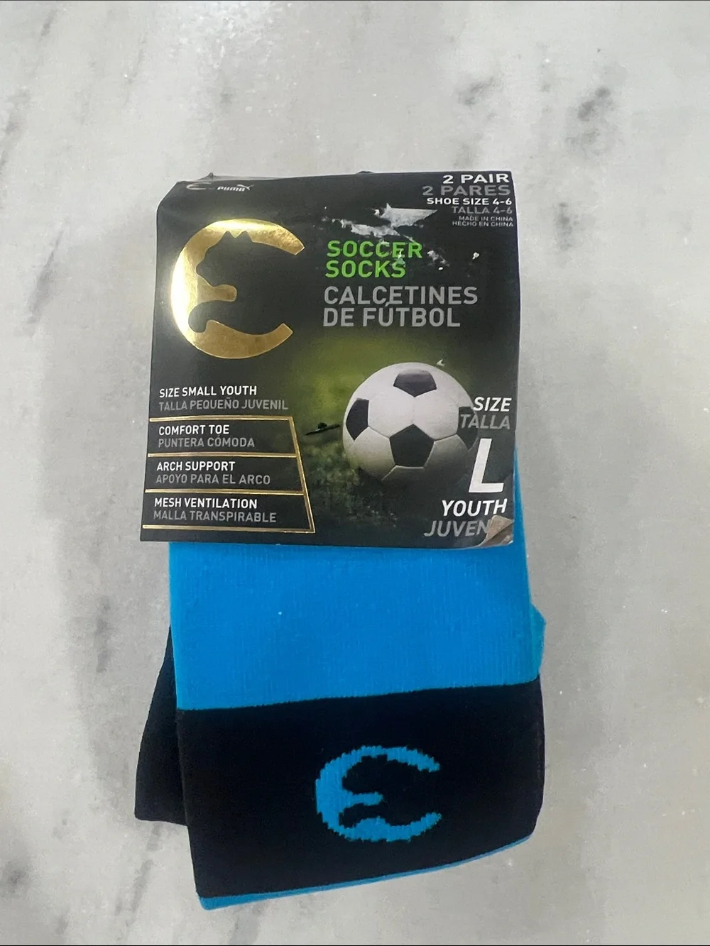 Puma Youth Soccer Socks - Black & Bright Blue shoe size 4-6